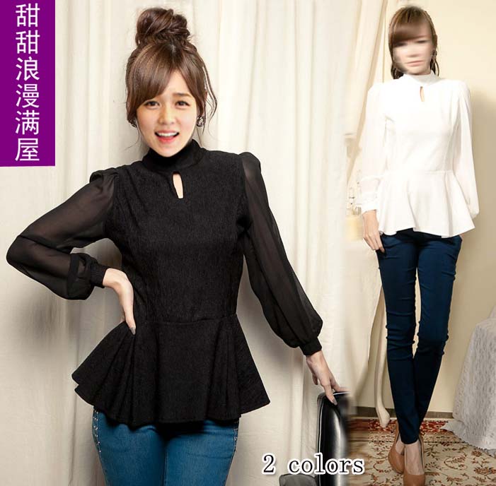 Free Shipping 2013 spring women's r6618 sweet elegant back zipper stand collar small cymose bubble long-sleeve chiffon shirt