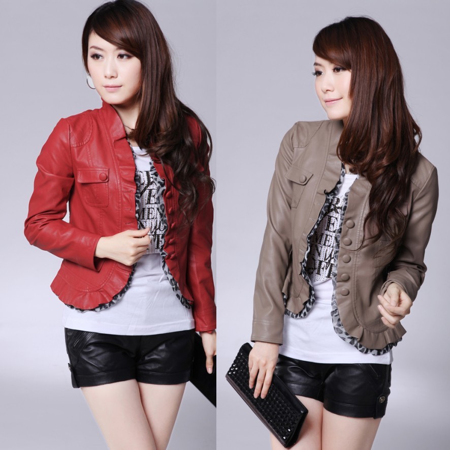 free shipping! 2013 spring women's solid color slim long-sleeve top outerwear PU leather clothing