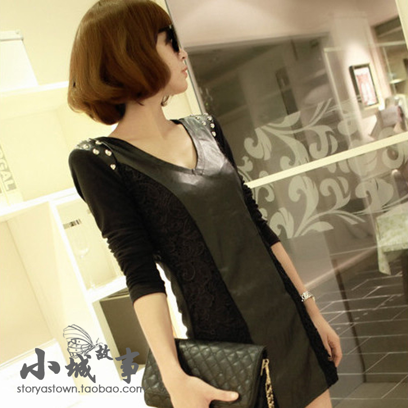 free shipping 2013 spring women's spring slim hip leather dress basic long-sleeve lace dress