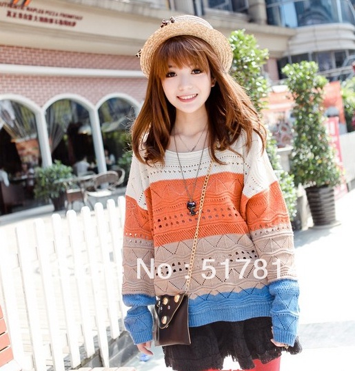 free shipping 2013 spring women's striped color block decoration knitted orange Sweaters for  women
