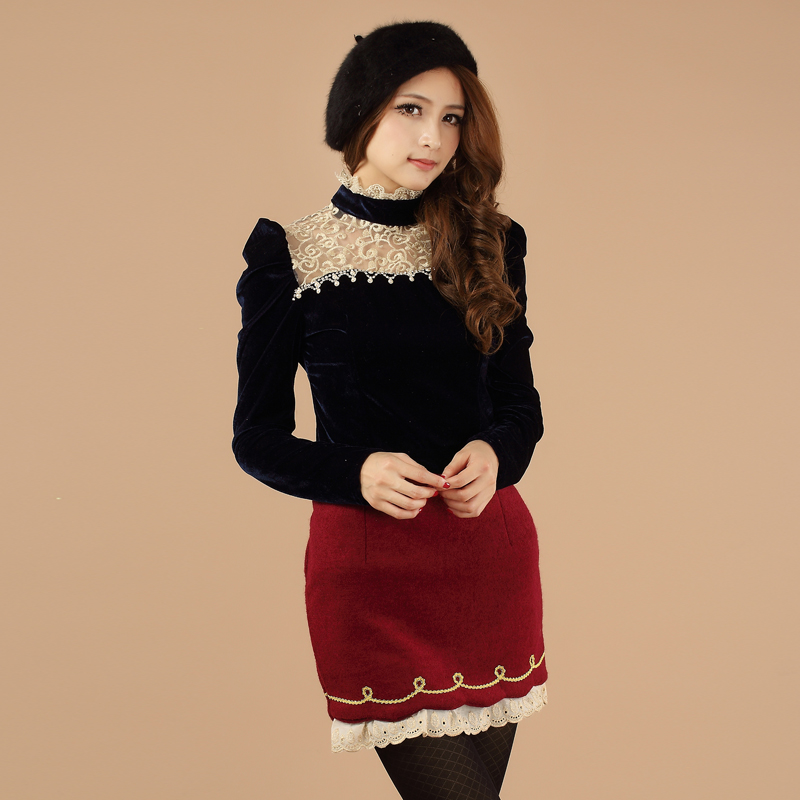 Free shipping 2013 spring women's stunning fashion vintage beading lace patchwork velvet basic shirt Hot sell