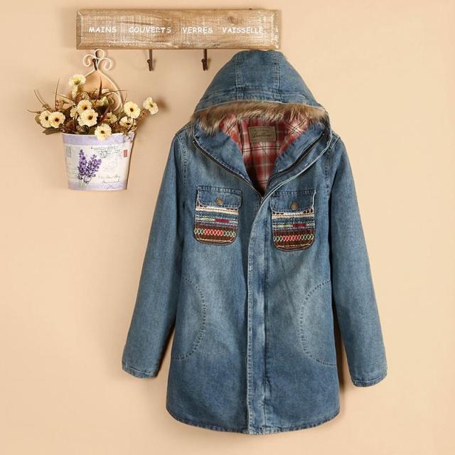 Free Shipping 2013 Spring Women's winter slim medium-long thickening fur collar denim wadded jacket outerwear cotton