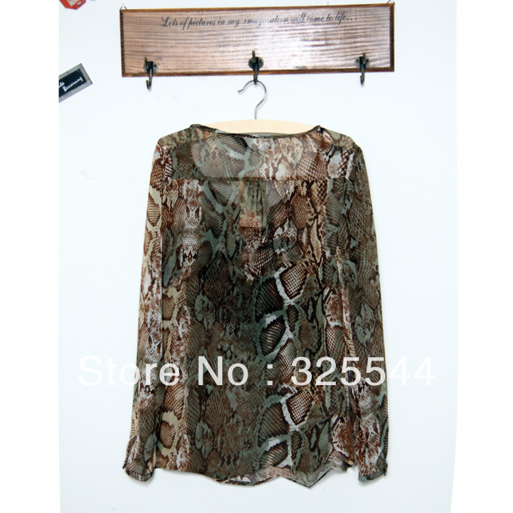 Free Shipping!!! 2013 spring Womens Snake print Chiffon Shirt V-neck Sequined Pocket Blouse