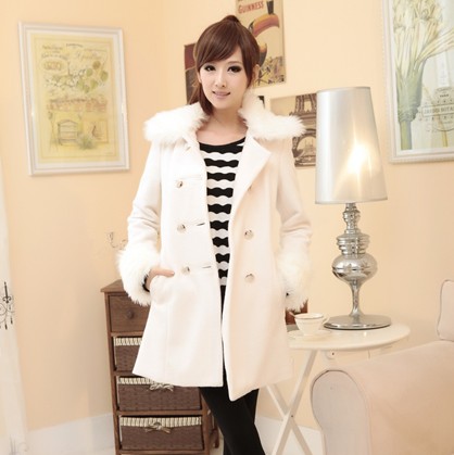 Free Shipping 2013 Spring Wool woolen overcoat outerwear medium-long white fur collar slim  women's