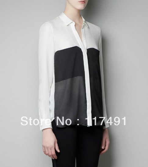 free shipping 2013 spring zar* Black and white ash hit color stitching perspective chiffon blouse/shirt OL Elegant top ft068