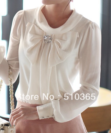 Free Shipping 2013 Summer/Autumn women's slim long-sleeve career loose shirt bow chiffon shirt/blouses 835HFY