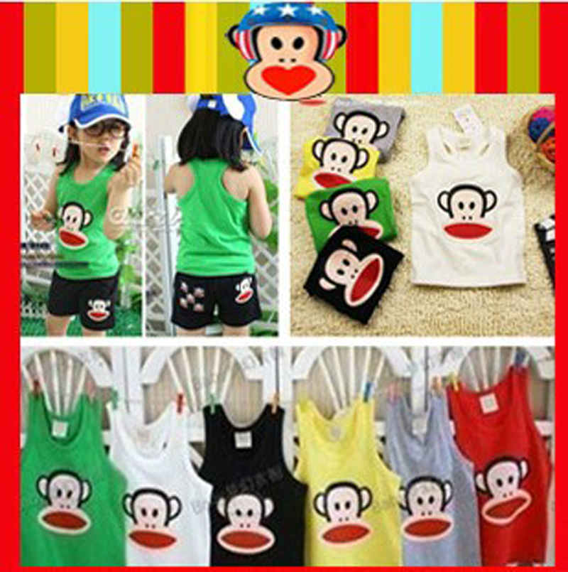 free shipping 2013 summer boys clothing girls clothing multicolour cartoon monkey sleeveless T-shirt child vest hot selling