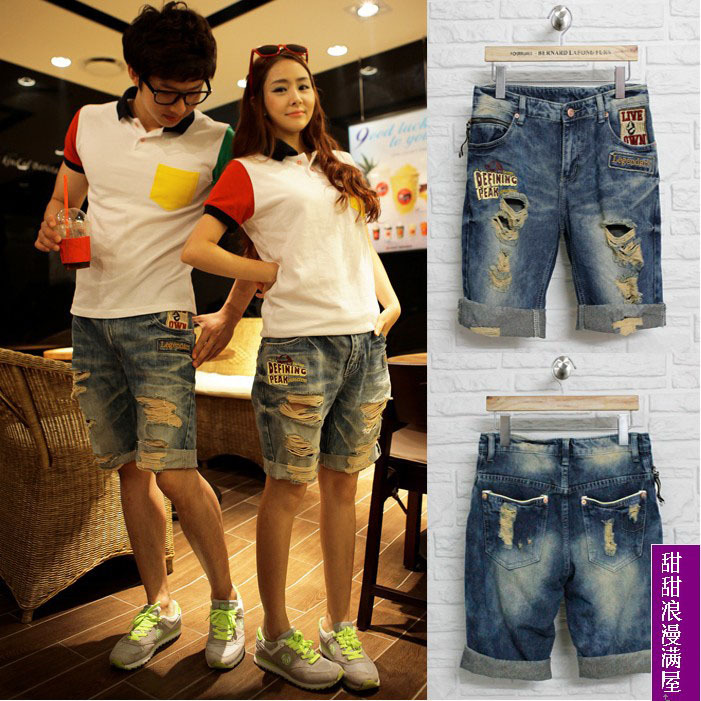 Free Shipping 2013 summer c6309 lovers casual loose straight denim capris knee-length pants
