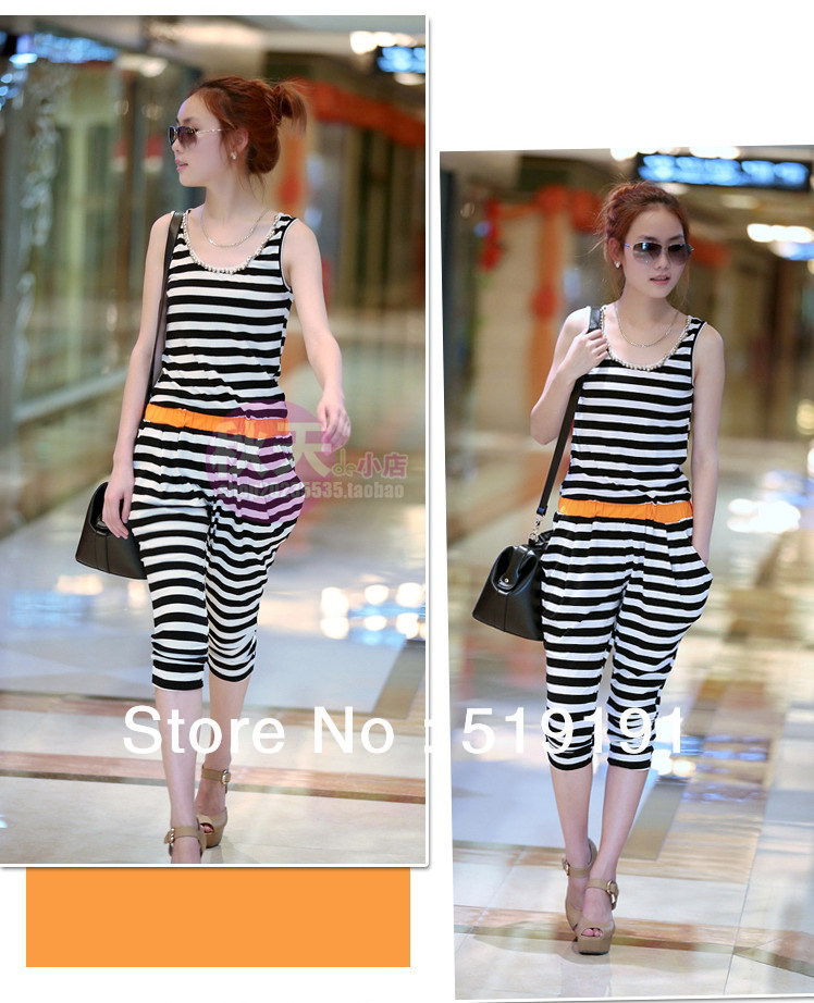 Free shipping 2013   summer cotton black-white striped loose jumpsuits overall,women jumpsuits ,leisure suit
