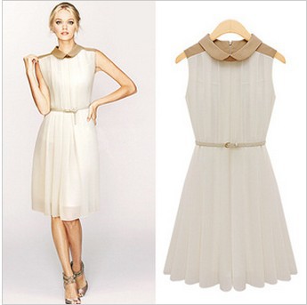 Free shipping 2013 summer elegant  turn-down collar pleated slim waist with belt one-piece dress VINTAGE patchwork mid-calf J36