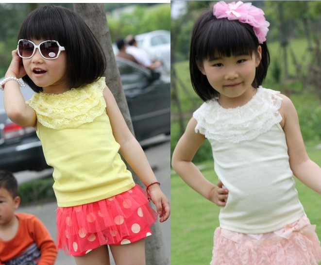 Free shipping 2013 summer girls clothing - all-match lace decoration thread cotton vest sleeveless T-shirt