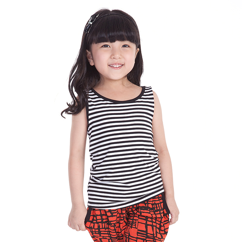 Free shipping 2013 summer girls clothing cotton sleeveless 100% T-shirt brief stripe child vest b2038