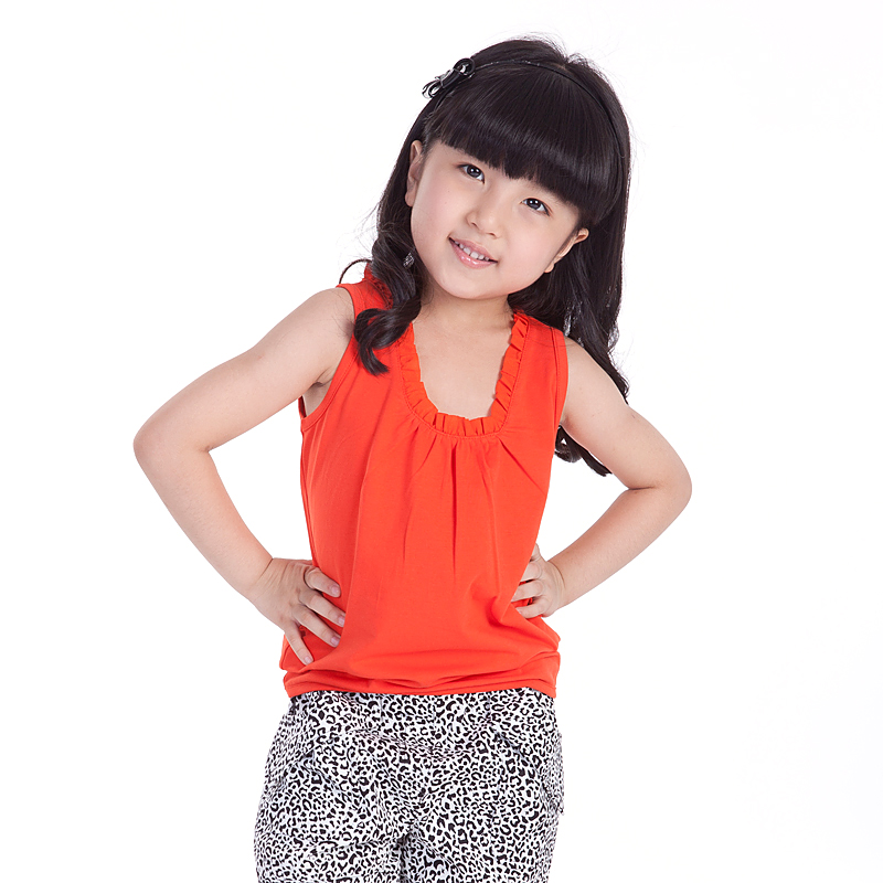 Free shipping 2013 summer girls clothing sleeveless T-shirt u chiffon laciness 100% child cotton vest b2027