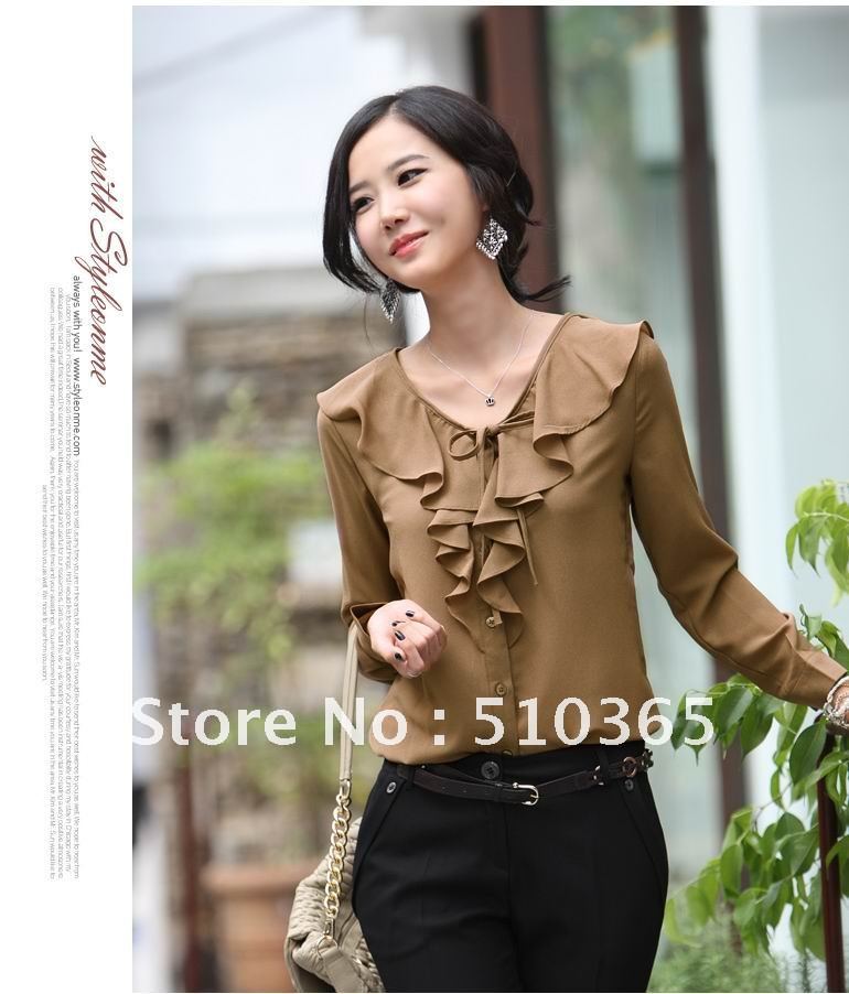 free shipping 2013 Summer new arrival women fashion long sleeve V neck shirt blouses 3019