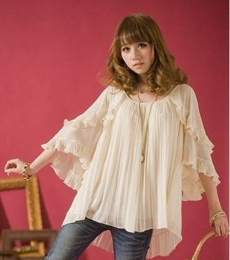 Free Shipping 2013 summer new arrival women's sweet flare sleeve 7 pleated chiffon shirt c0431 21a