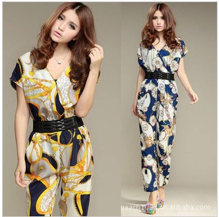 free shipping 2013 summer new chiffon cool piece pants wholesale and retail / Sexy chic painted thin jumpsuits free belt 6846