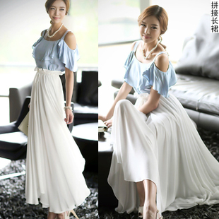 Free Shipping 2013 Summer New Fashion Sweet Sexy Womens Blue & White Splicing Ankle length Long Dresses