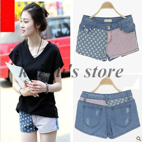 Free shipping 2013 Summer New Fashion Women's Star Stripes Low Waist Denim Shorts Slim Hip Hot Pants Jeans Short Beach For Women