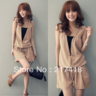 Free shipping 2013 summer new Korean ladies double-breasted drawstring sleeveless V-neck piece shorts jumpsuit