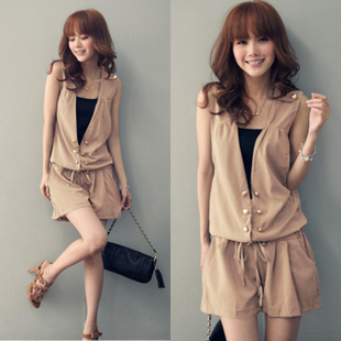 Free shipping 2013 summer new Korean ladies double-breasted drawstring sleeveless V-neck piece shorts jumpsuit