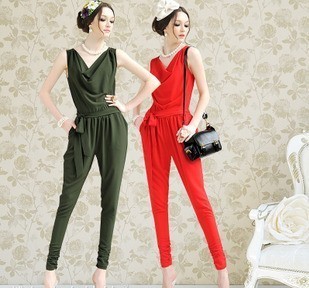 Free Shipping 2013 summer sleeveless women's Fashion Jumpsuits High Quality Loose pants(Green+Red+S/M/L/XL)130314#23
