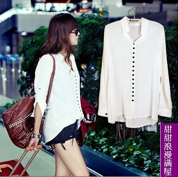 Free Shipping 2013 summer V-neck fashionable multi-button casual medium-long white long-sleeve shirt 376236
