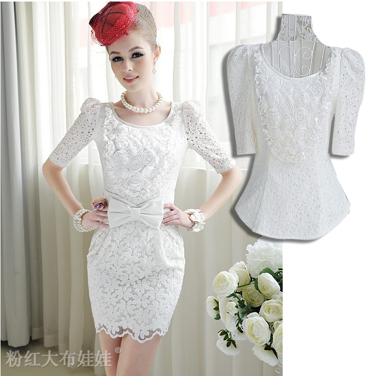 Free Shipping 2013 summer women's 047103 sweet princess ol elegant half sleeve white disk flowers full lace shirt top