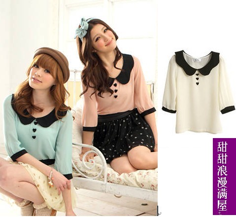 Free Shipping 2013 summer women's 136520 sweet peter pan collar turn-down collar half sleeve chiffon shirt