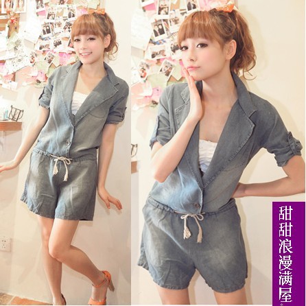 Free Shipping 2013 summer women's 3718110 hot-selling casual deep v neck slim waist denim shorts jumpsuit wholesale