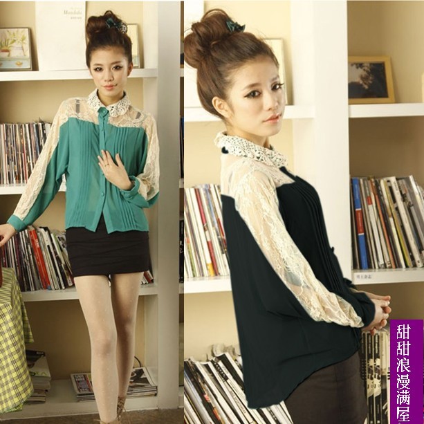 Free Shipping 2013 summer women's 372736 lace pressure pleated chiffon loose long-sleeve shirt
