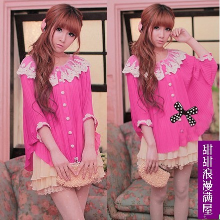 Free Shipping 2013 summer women's 3730051 orgnan pleated aesthetic lace collar batwing sleeve chiffon shirt