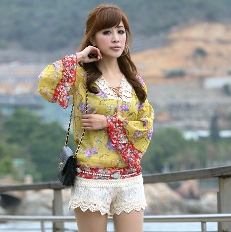 Free Shipping 2013 summer women's 37359 V-neck lacing flare sleeve chiffon shirt
