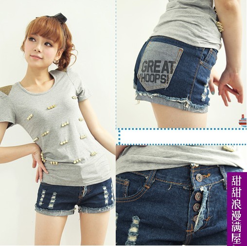 Free Shipping 2013 summer women's 3776990 roll up hem distrressed button flash denim shorts