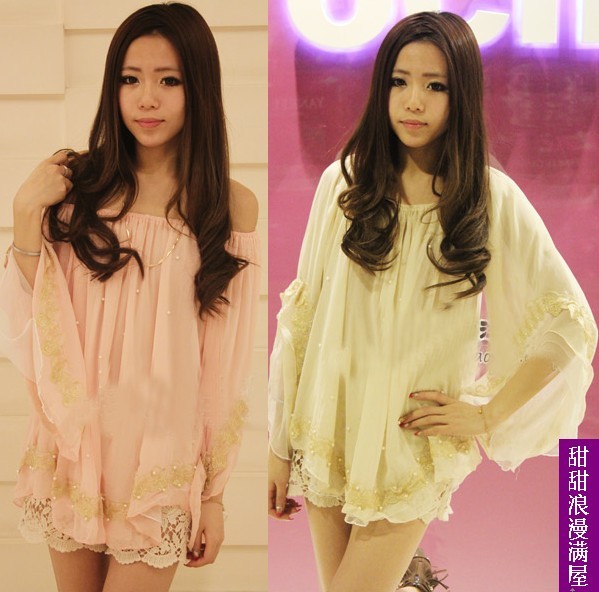 Free Shipping 2013 summer women's 379158 sweet luxury embroidery pearl flare sleeve slit neckline chiffon