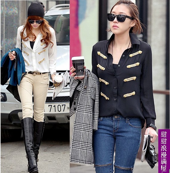 Free Shipping 2013 summer women's 379326 casual time gold buckle cotton long-sleeve shirt