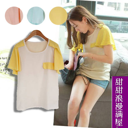 Free Shipping 2013 summer women's 37a6026 casual all-match sweet patchwork fly short-sleeve chiffon shirt