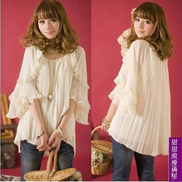 Free Shipping 2013 summer women's 452651 japanese style loose plus size sweet horn half sleeve chiffon shirt
