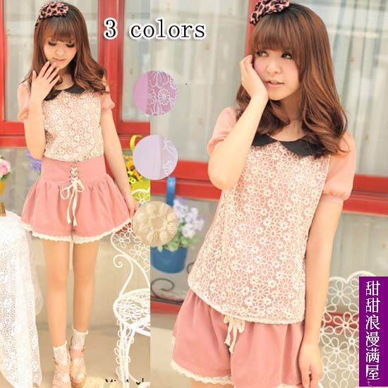 Free Shipping 2013 summer women's 532628 sweet lace embroidered bubble short-sleeve peter pan collar chiffon shirt