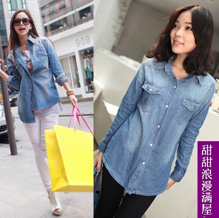 Free Shipping 2013 summer women's 87355 casual fashion water wash denim long-sleeve shirt