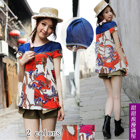Free Shipping 2013 summer women's 880288 sweet zipper decoration patchwork bubble short-sleeve chiffon shirt top