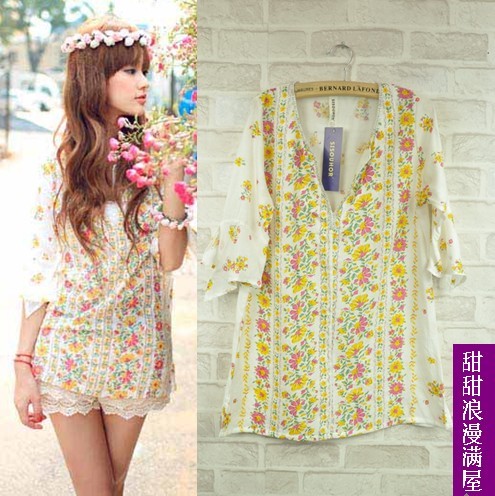 Free Shipping 2013 summer women's 88065 sweet loose half sleeve cotton shirt cloth