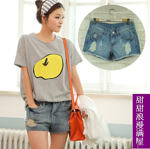 Free Shipping 2013 summer women's 88503 hole wool light blue thin denim shorts