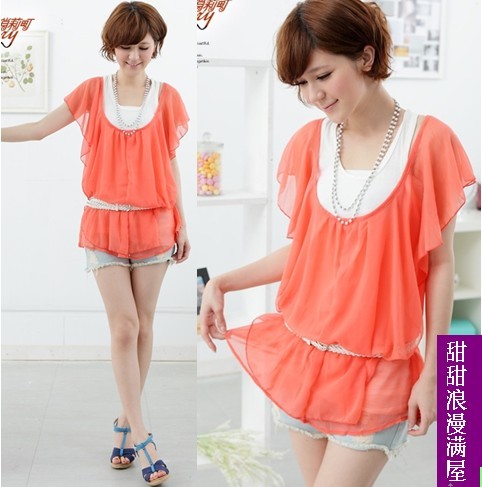 Free Shipping 2013 summer women's 89088 sweet lotus leaf chiffon shirt