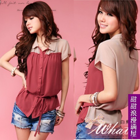 Free Shipping 2013 summer women's 891619 bandage casual color block chiffon short-sleeve shirt