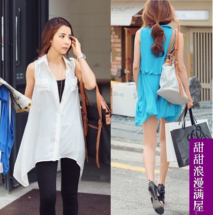 Free Shipping 2013 summer women's 898003 casual personality sleeveless medium-long chiffon shirt