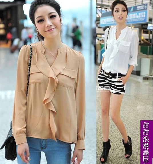 Free Shipping 2013 summer women's 9078 casual fashion ruffle collar chiffon long-sleeve shirt