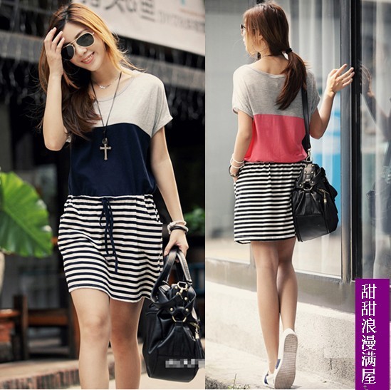 Free shipping 2013 summer women's 91029 casual patchwork loose stripe short-sleeve dress