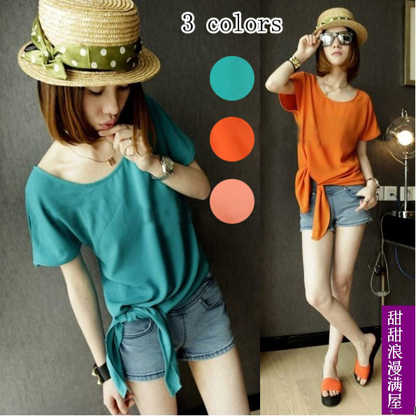 Free Shipping 2013 summer women's 94103 tieclasps sweep bright color cool short-sleeve chiffon shirt