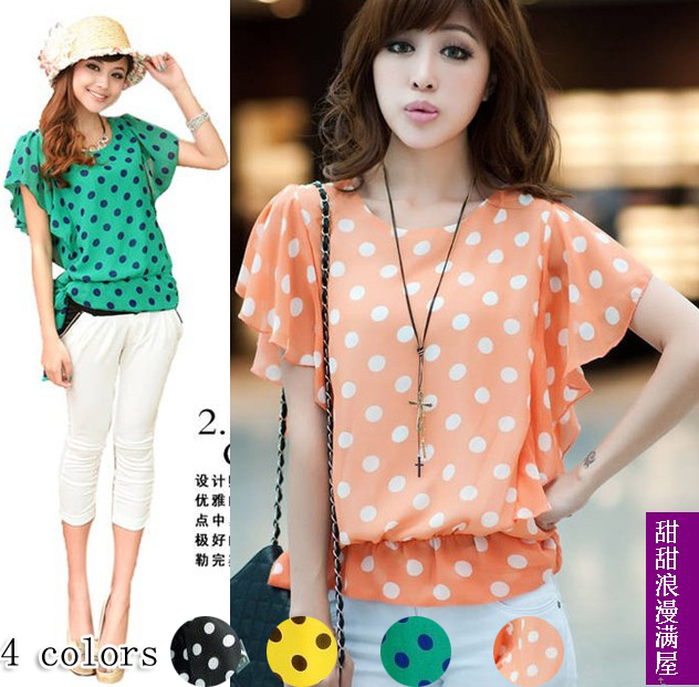 Free Shipping 2013 summer women's 94199 sweet dot ruffle sleeve lacing chiffon loose short-sleeve shirt