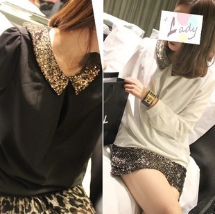 Free Shipping 2013 summer women's b7219 paillette sweet puff sleeve chiffon long-sleeve shirt